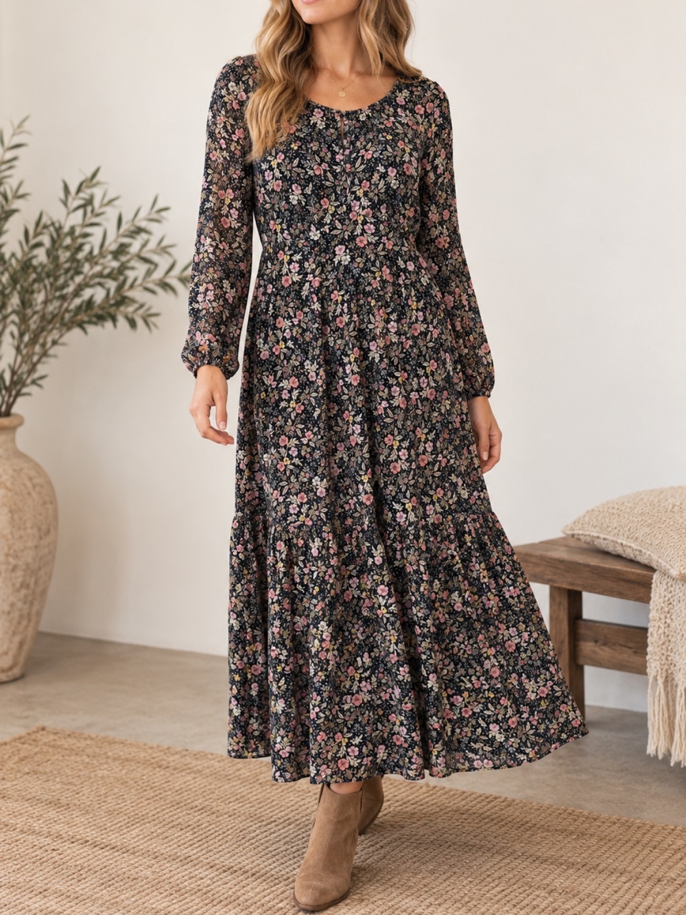 Patrons of Peace Black Maxi Dress with Pink Floral Print